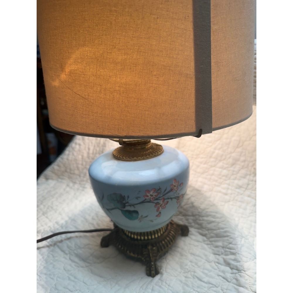 Vintage Hand Painted Blue Milk Glass Table Lamp Floral Cherry Blossom Brass Base